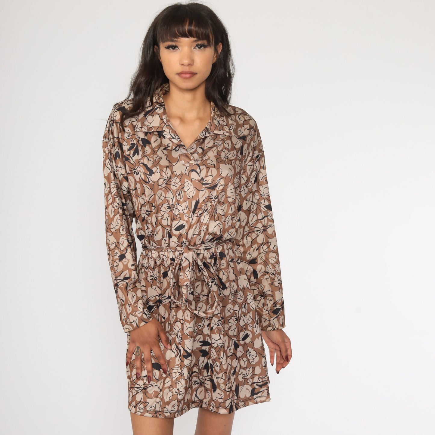 70s Floral Mini Dress Brown High Waist Long Sleeve Collared Large L