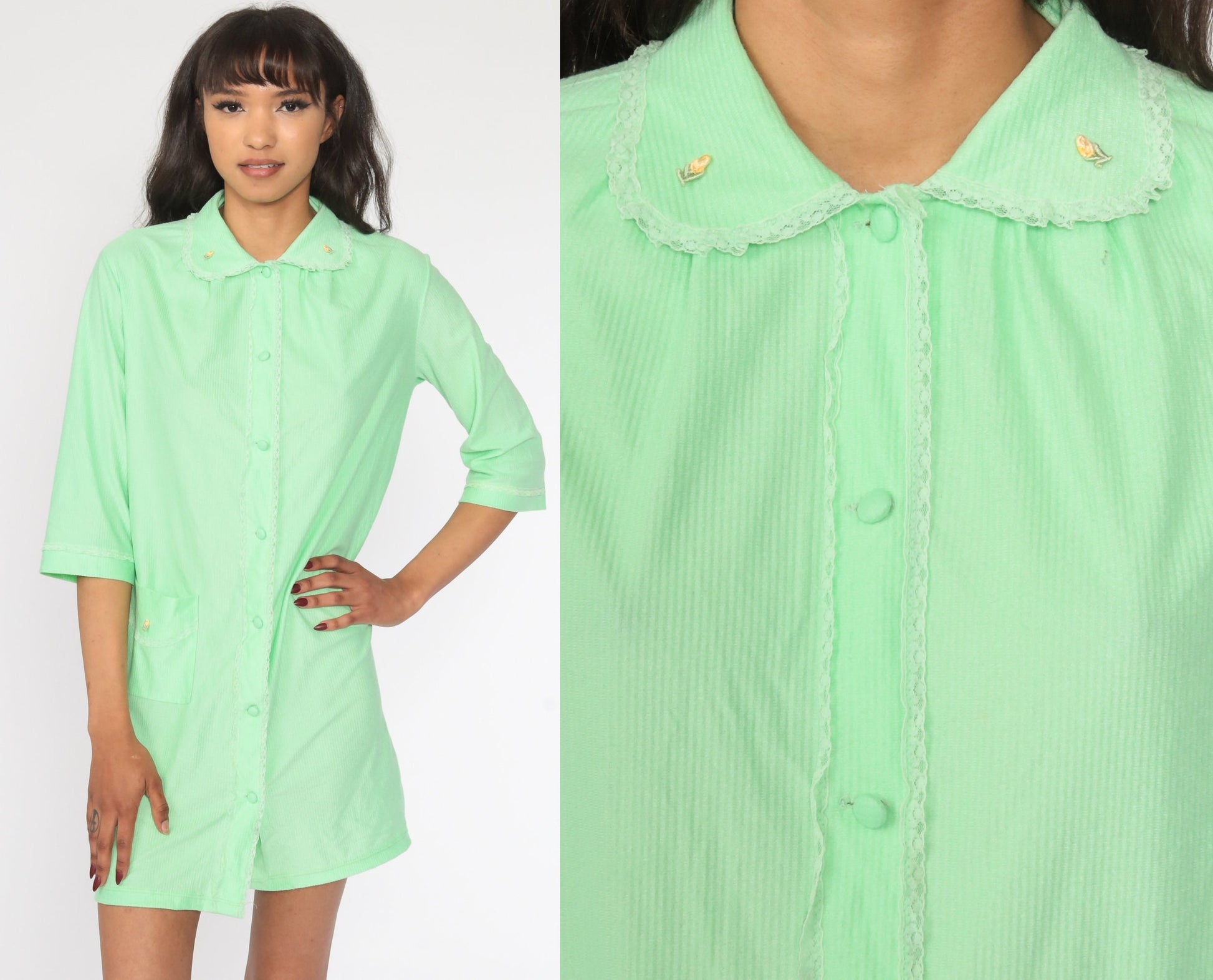 1960s Green Shift Dress Peter Pan Collar Floral Applique Mini Medium