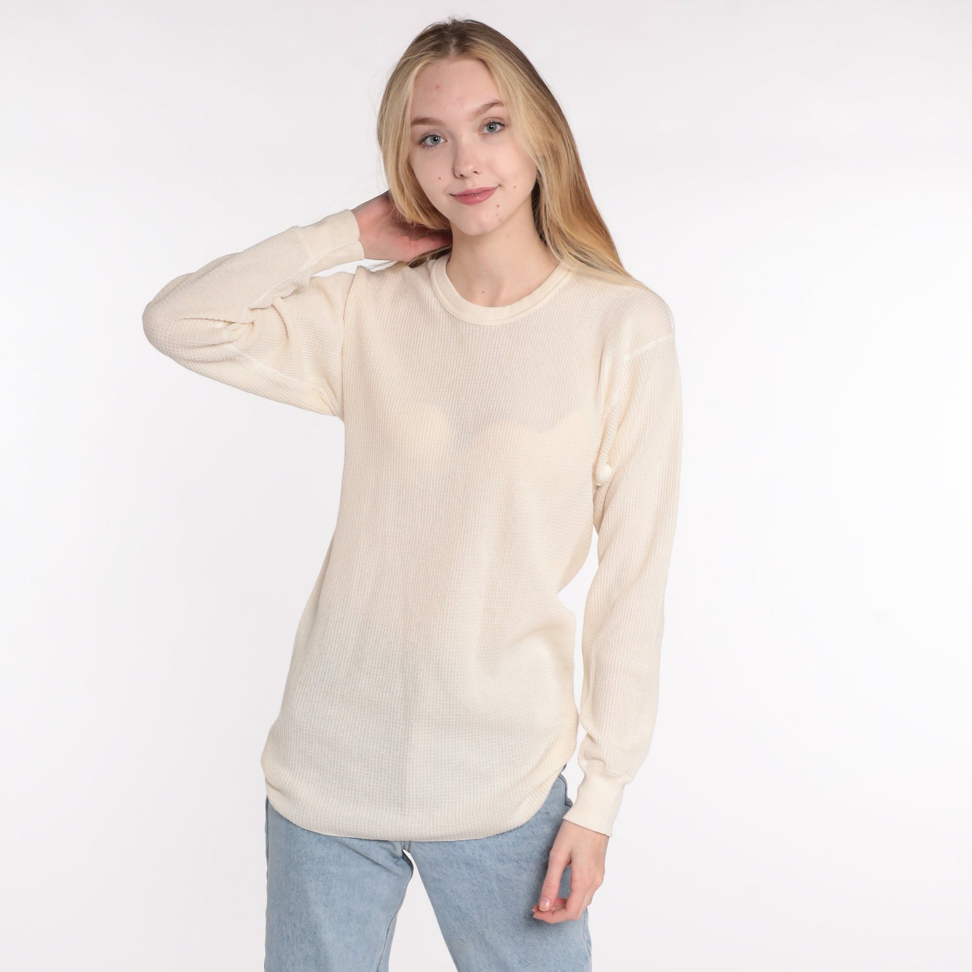 80s Hanes Cream Waffle Knit Thermal Long Sleeve Shirt Medium Large