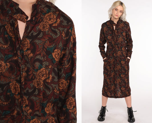 80s Floral Midi Dress Brown High-Waisted Keyhole Long Sleeve Medium