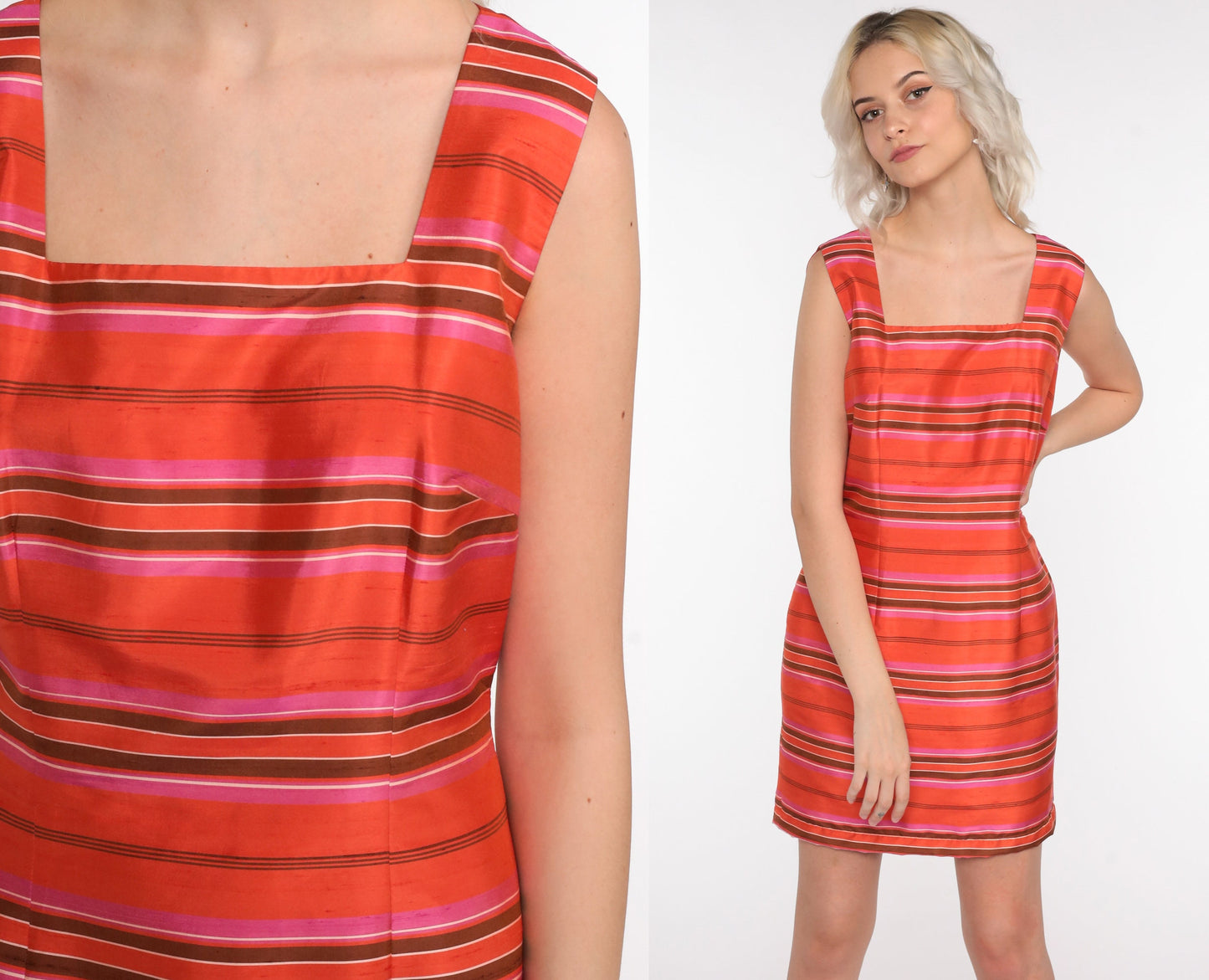 Y2K Orange Striped Silk Mini Sheath Dress Sleeveless 00s Small