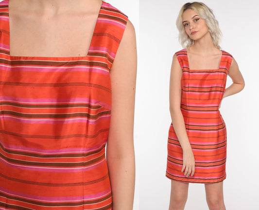 Y2K Orange Striped Silk Mini Sheath Dress Sleeveless 00s Small