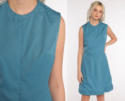70s Mod Shift Dress Blue Sleeveless Mini High Waist Small