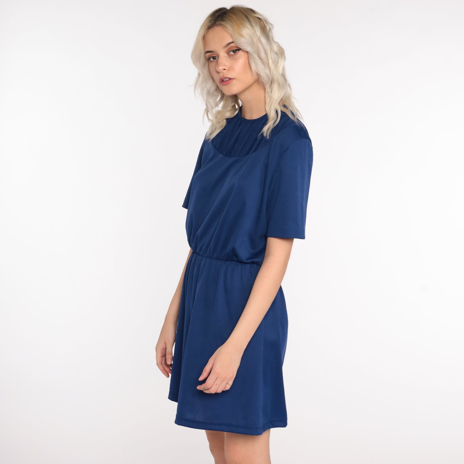 70s Dark Blue Mini Dress High Waist Pleated Chest Short Sleeve Medium