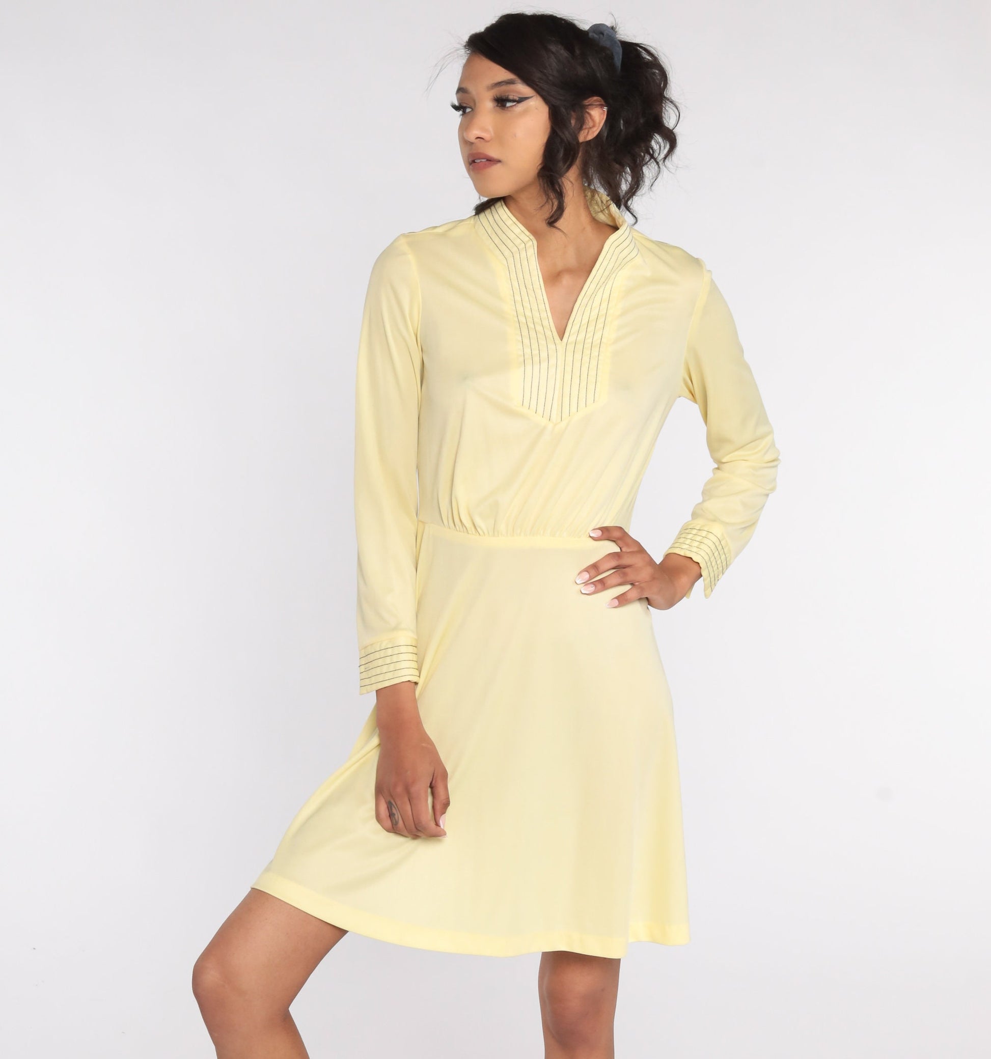 70s Pale Yellow Mini Dress High Waist Long Sleeve Polyester Small Medium