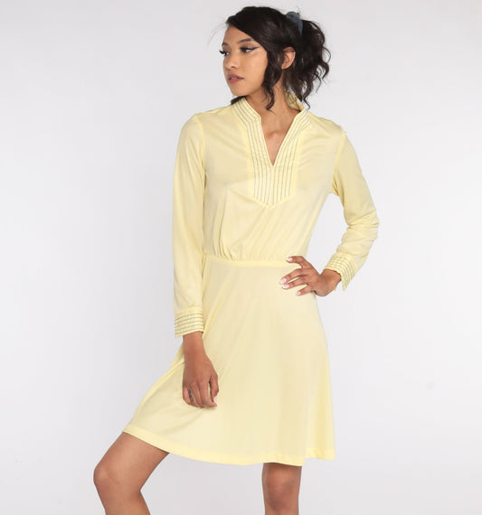 70s Pale Yellow Mini Dress High Waist Long Sleeve Polyester Small Medium