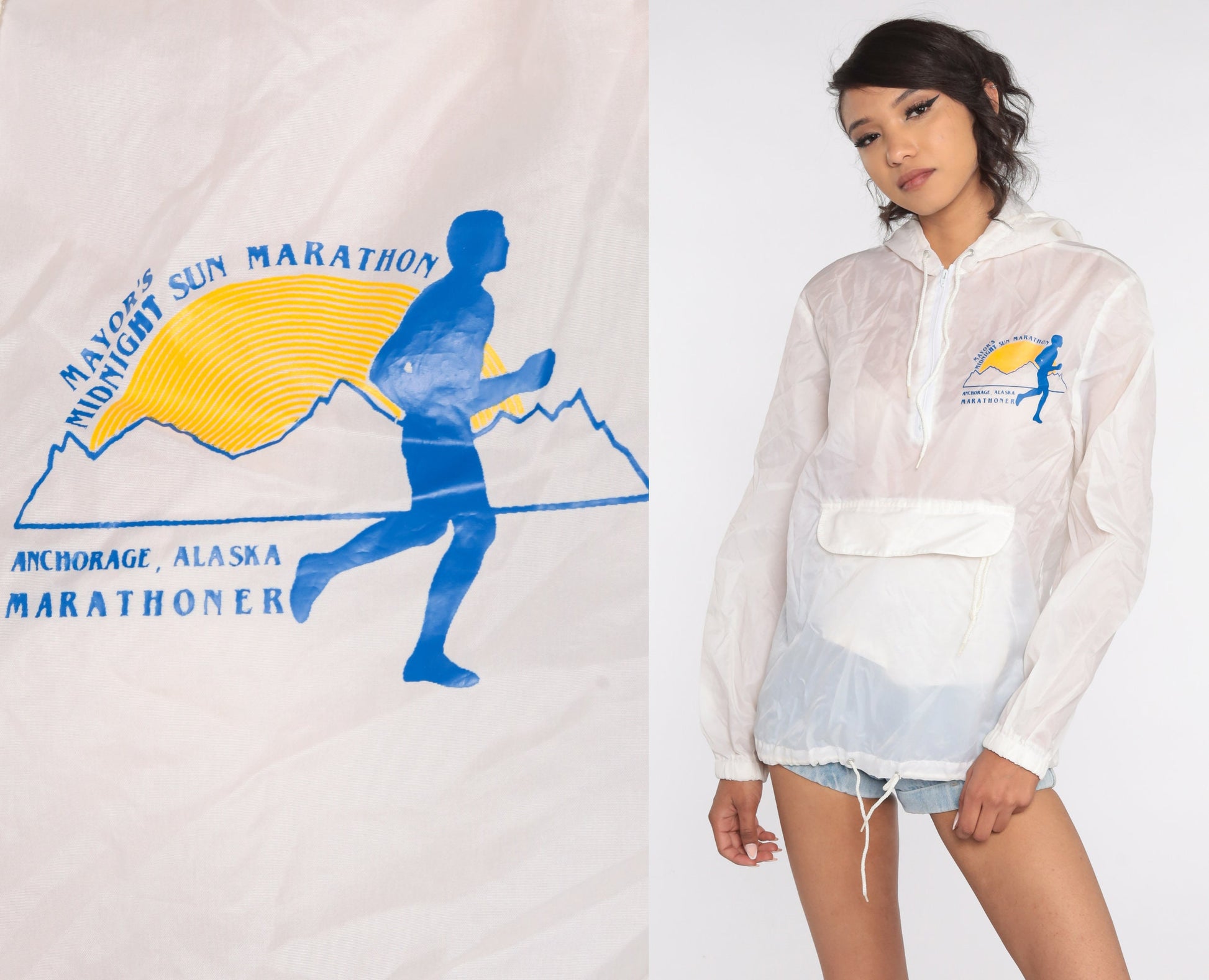 80s Anchorage Alaska Marathon Hooded Half-Zip Windbreaker White Small