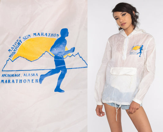 80s Anchorage Alaska Marathon Hooded Half-Zip Windbreaker White Small