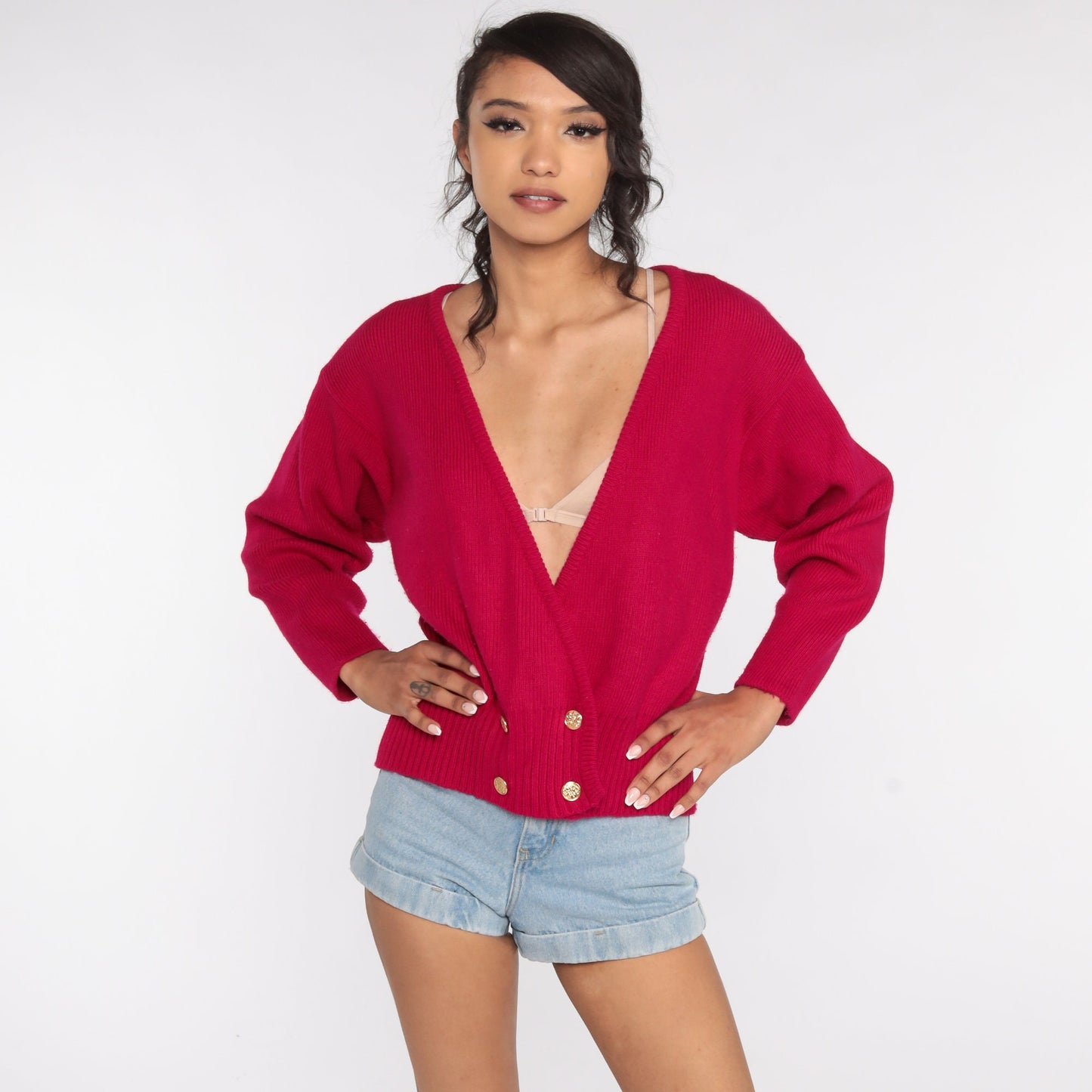 90s Deep Pink Cardigan Sweater Double Breasted Button Up Medium
