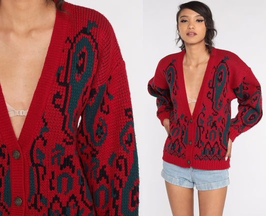 90s Paisley Cardigan Sweater Red Geometric Knit Button Up Medium