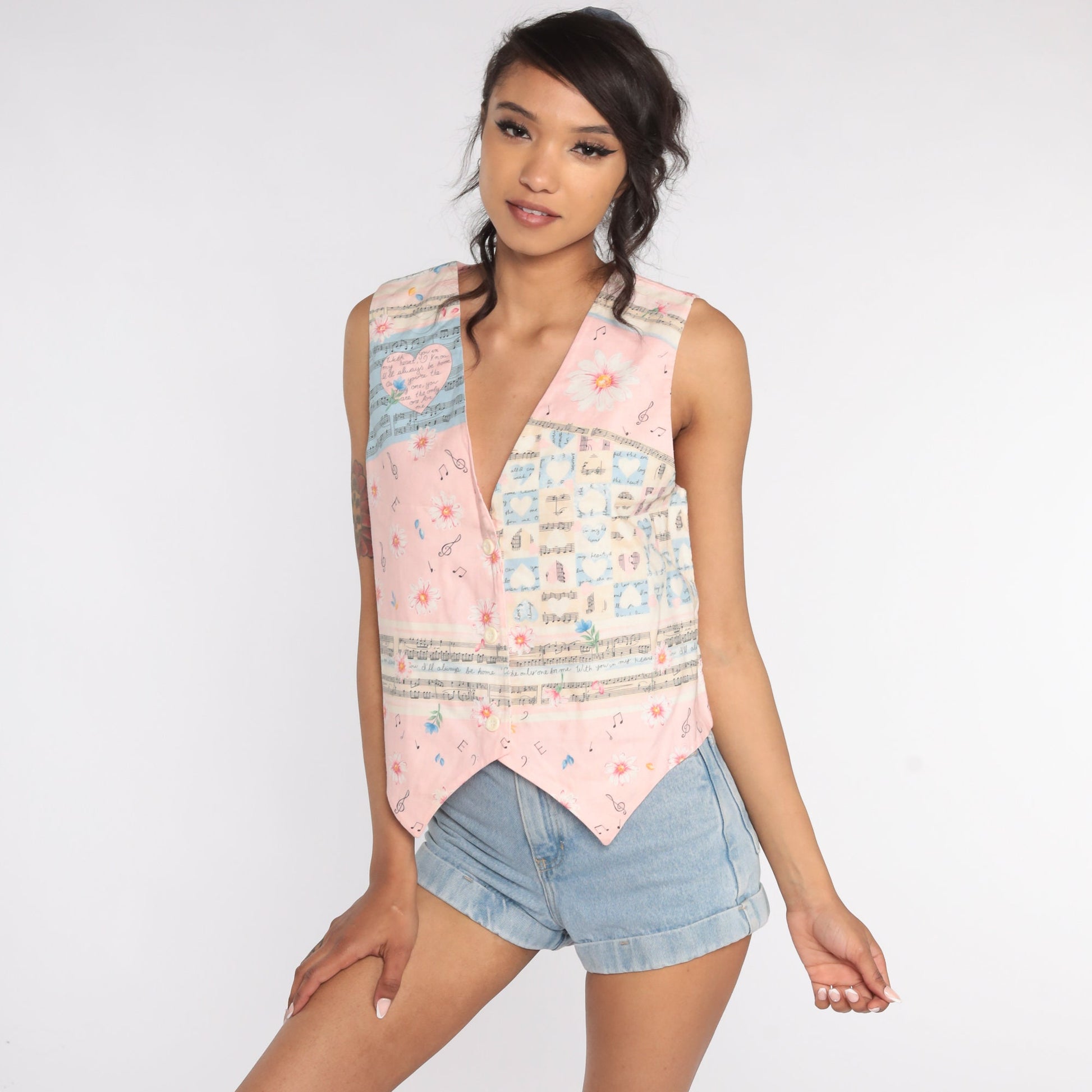90s Floral Music Note Tank Top Pink Heart Button Up Medium