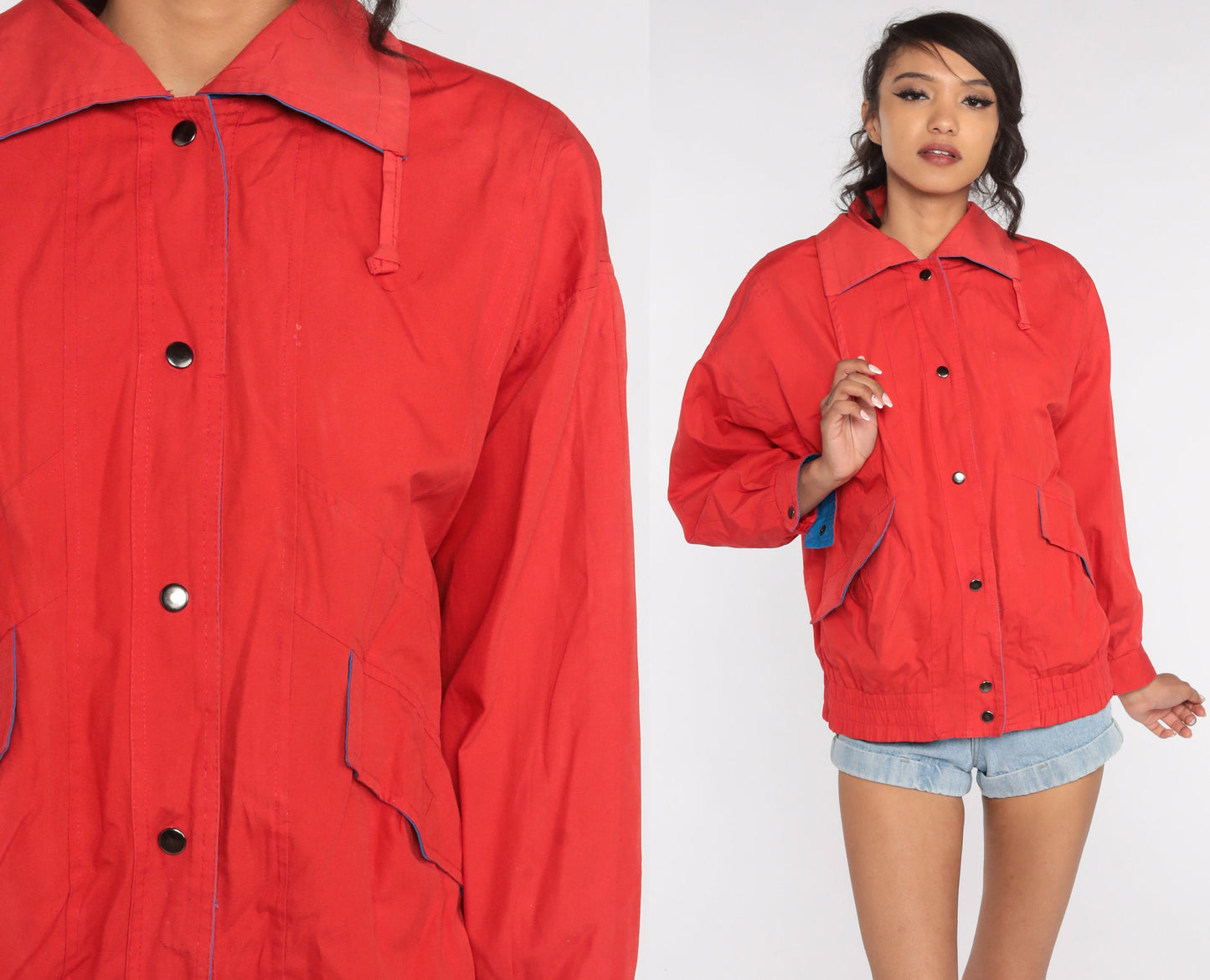 80s Red Windbreaker Jacket Zip Up Cotton Drawstring Small