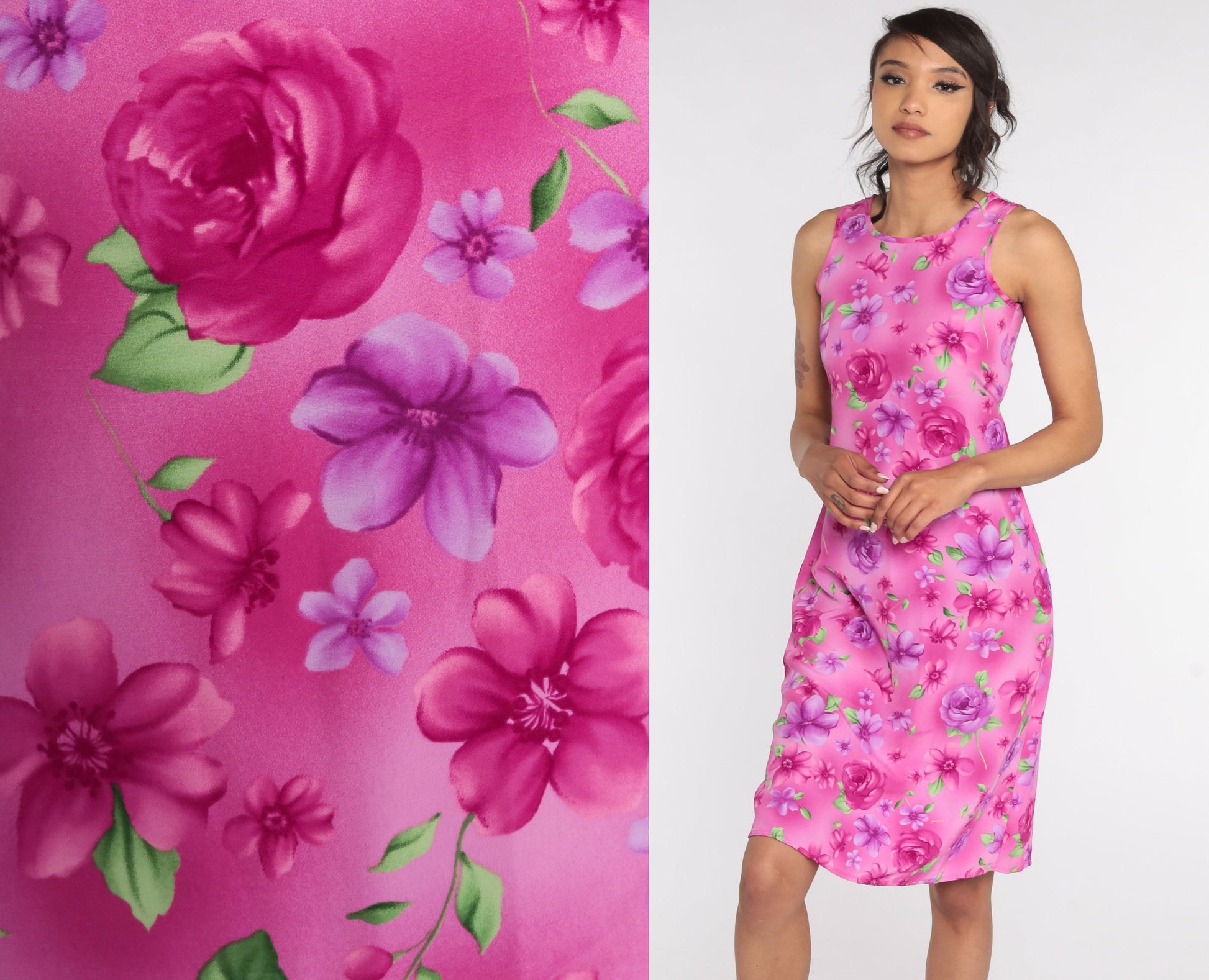 90s Floral Midi Sundress Pink Sleeveless Shift Dress Extra Small XS