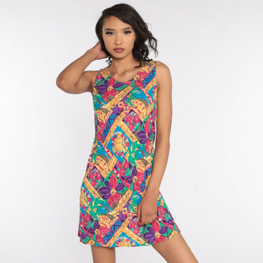 90s Floral Mini Shift Dress Sleeveless Summer Sundress Medium
