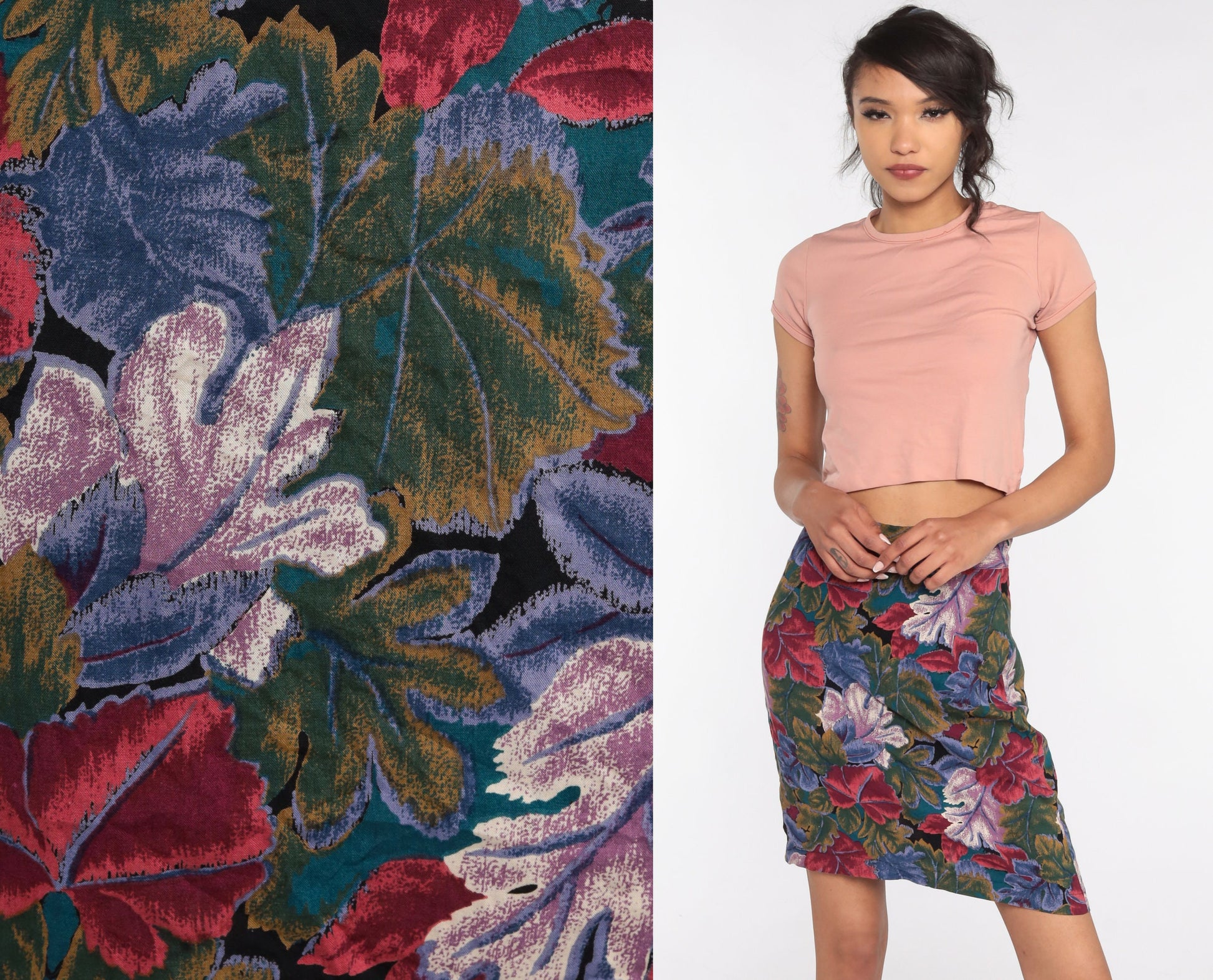 90s Leaf Print Mini Pencil Skirt High Waisted Small S