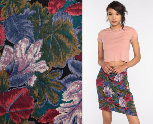 90s Leaf Print Mini Pencil Skirt High Waisted Small S