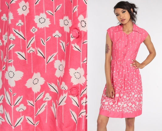 70s Pink Floral Midi Dress High Waist Cap Sleeve Button Front Extra Small