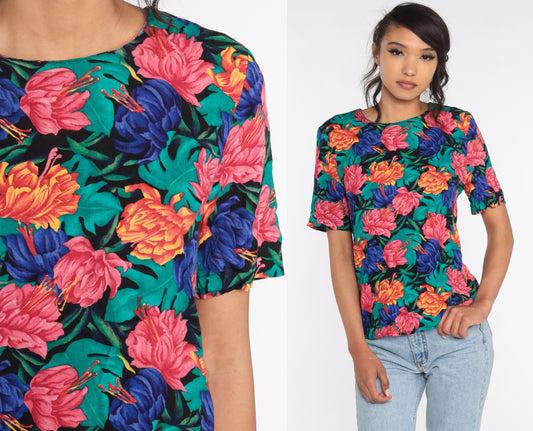 90s Floral Print T-Shirt Vintage Grunge Tee Small Medium