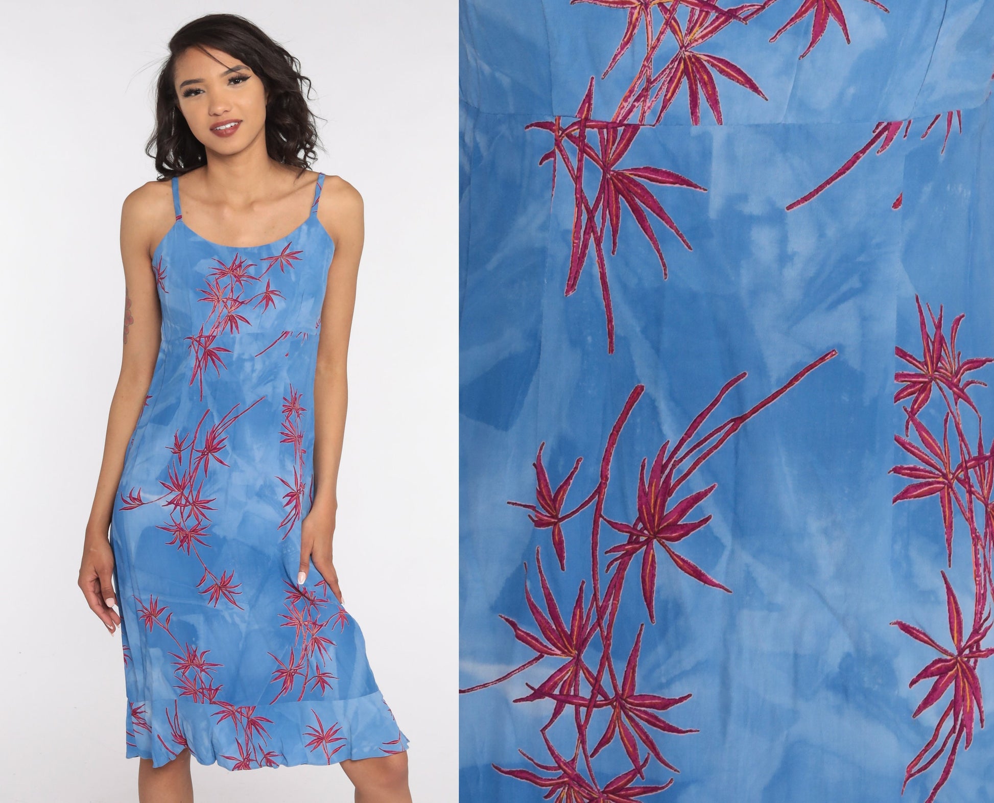 90s Tropical Floral Mini Sundress Blue Rayon Spaghetti Strap Extra Small