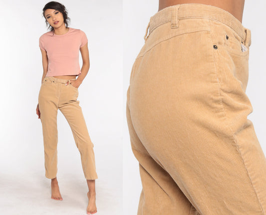 70s Tan Corduroy Straight Leg Pants High Rise Vintage Trousers Extra Small