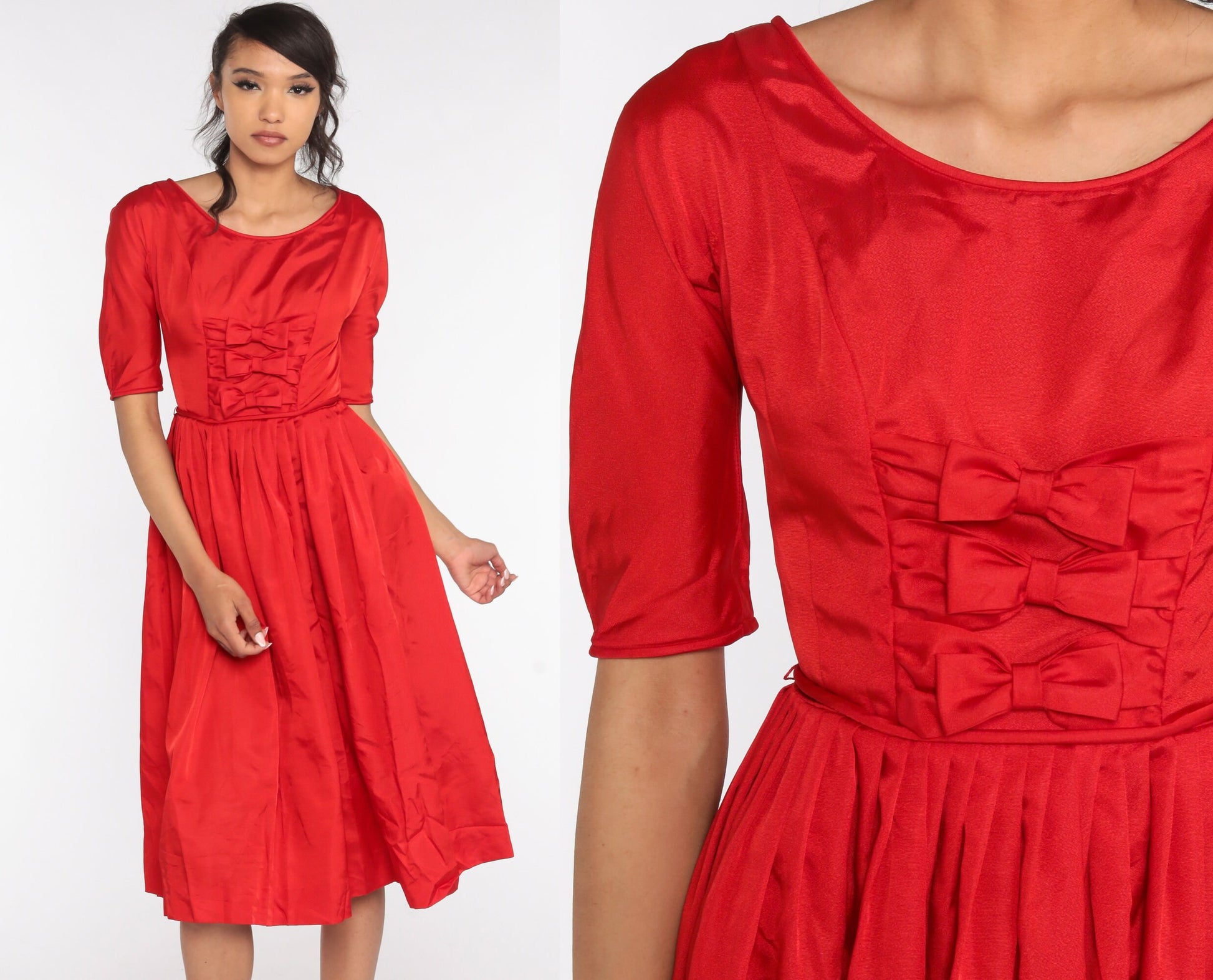 60s Teena Paige Red Bow Party Dress Tea Length Extra Small