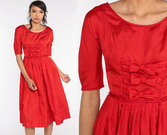 60s Teena Paige Red Bow Party Dress Tea Length Extra Small