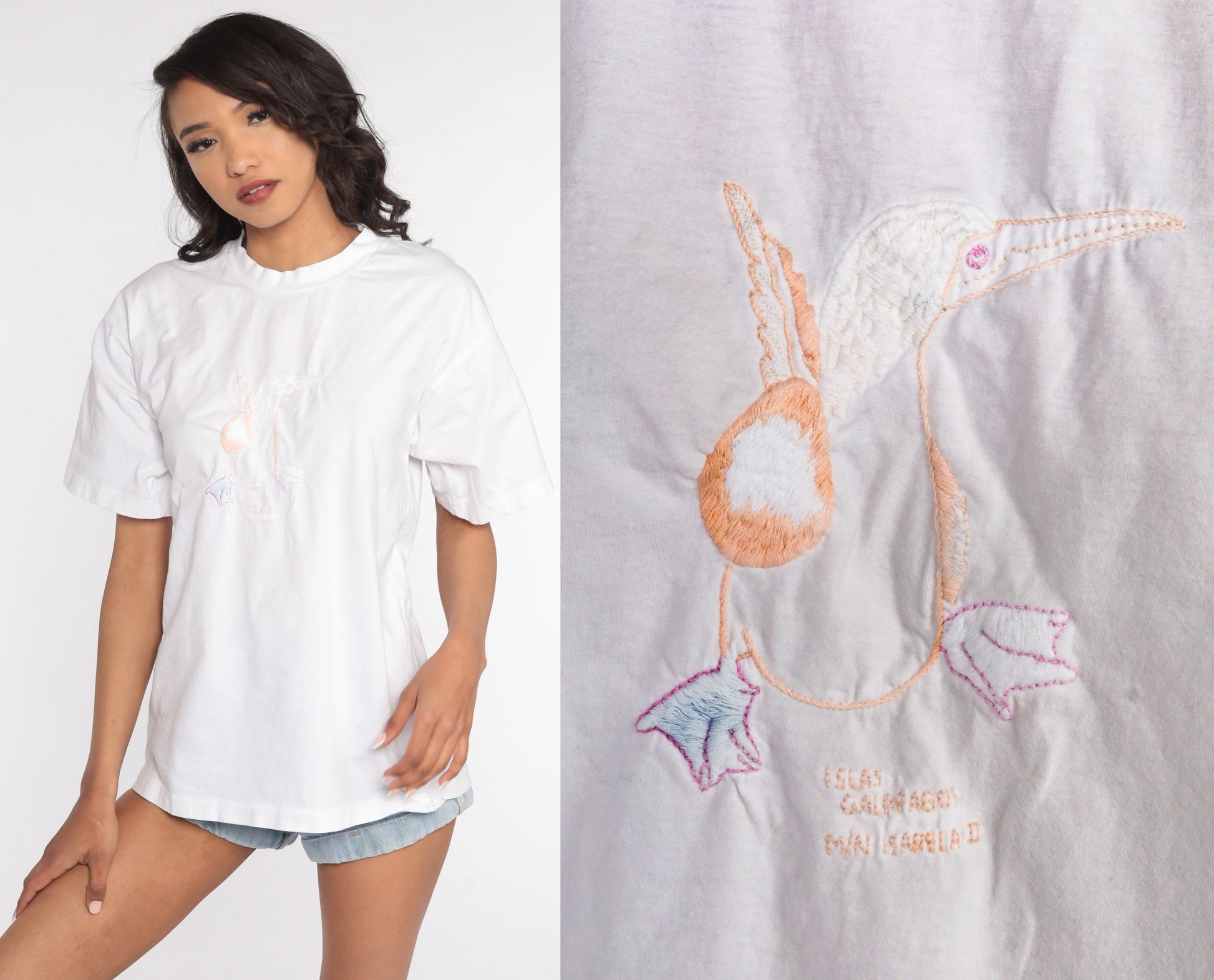 80s Blue Footed Booby Bird Galapagos Graphic T-Shirt White Cotton Medium