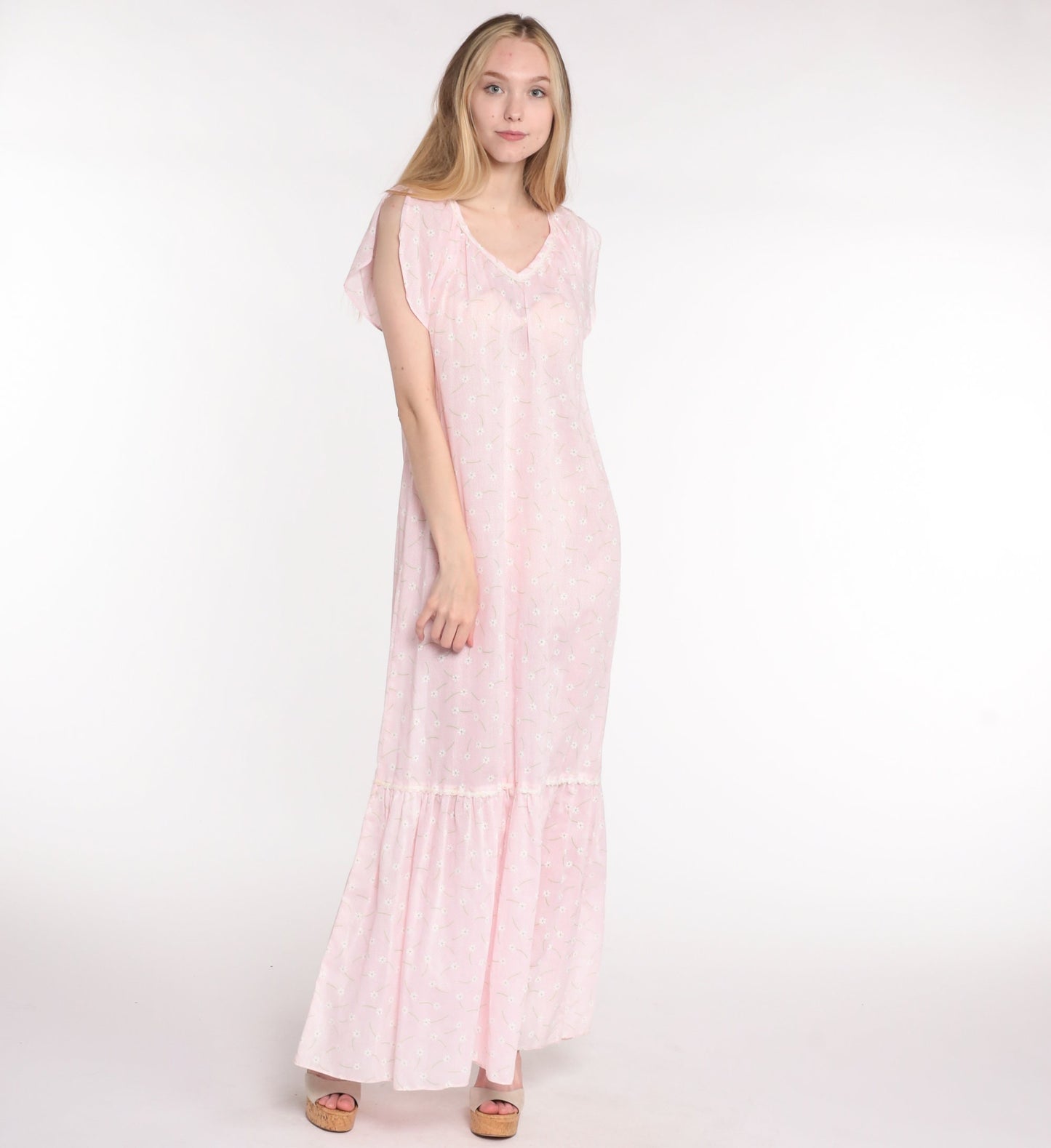 70s Pink Floral Maxi Dress Ditsy Print Semi-Sheer Cotton V-Neck Medium