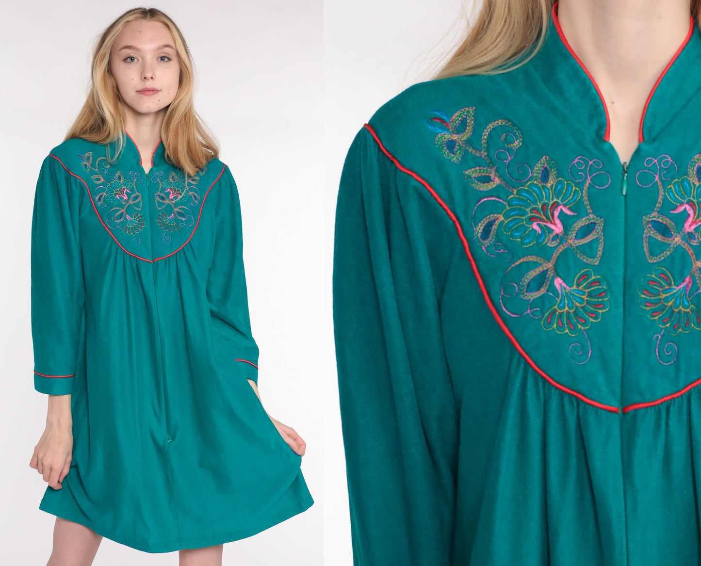 70s Velour Lounge Dress Teal Floral Embroidered Mini Front Zip Small Medium