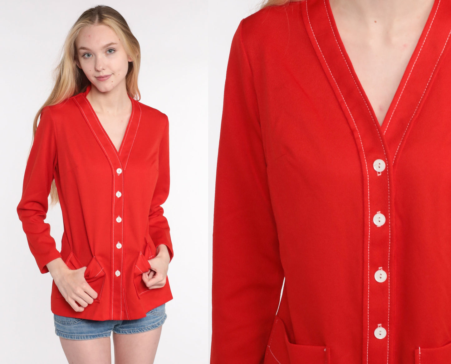 70s Red Polyester Button-Up Blouse Long Sleeve Pocket Shirt Medium