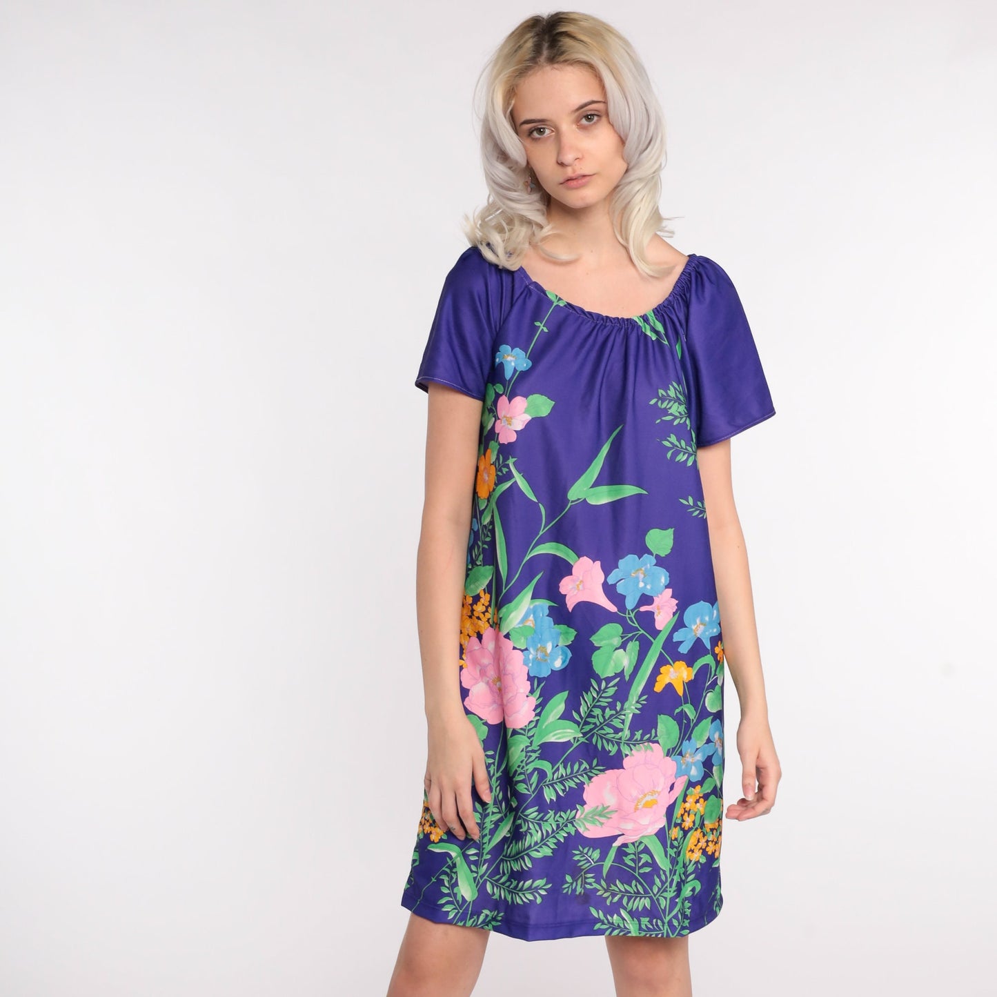 70s Tropical Floral Tent Dress Mini Hawaiian Tunic Medium Large