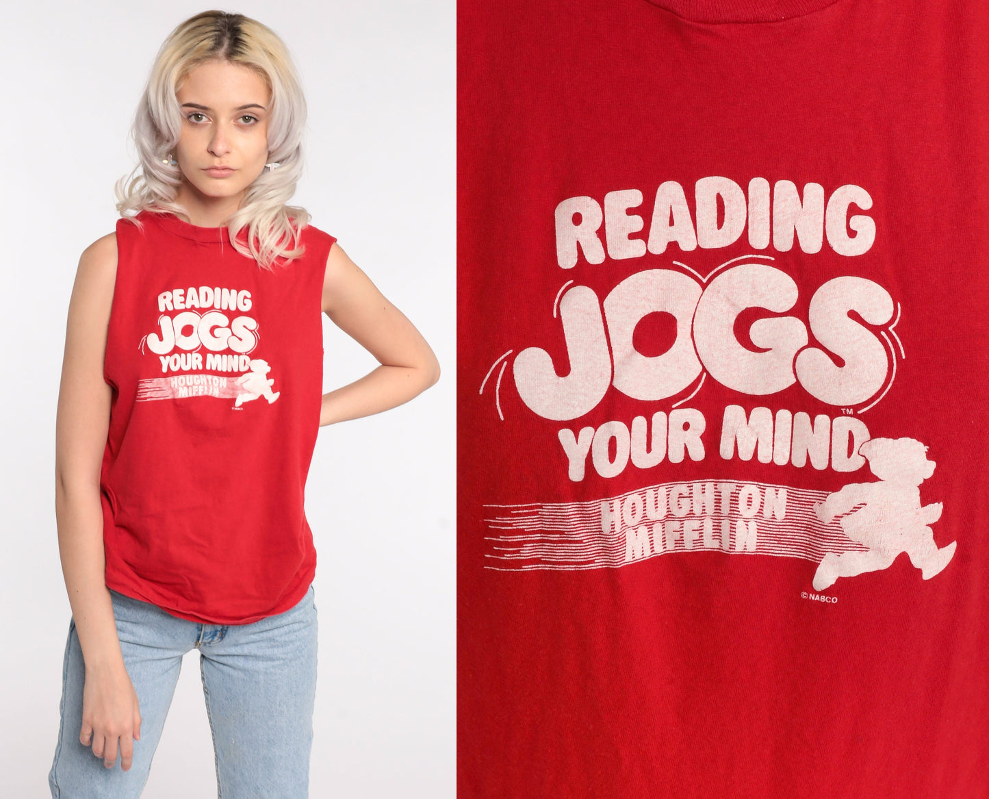 80s Screen Stars Reading Tank Top Graphic Sleeveless Tee Red Medium