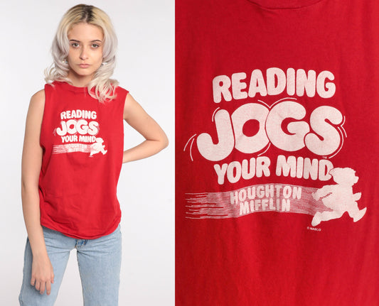 80s Screen Stars Reading Tank Top Graphic Sleeveless Tee Red Medium