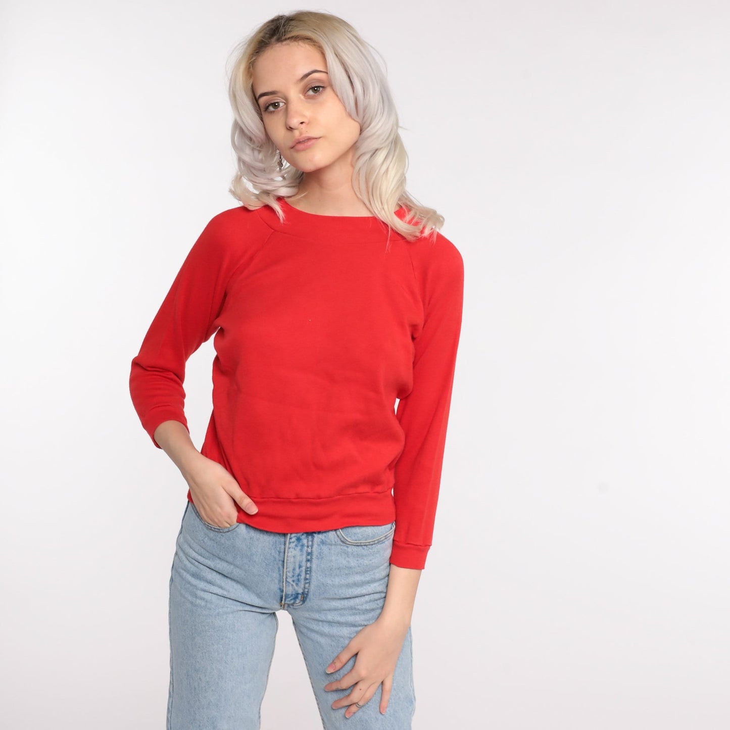 80s Red Cropped Raglan Sweatshirt Crewneck Pullover Extra Small XS