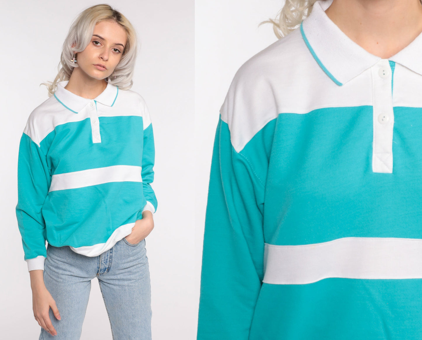 80s Polo Turquoise Striped Button Sweatshirt Medium