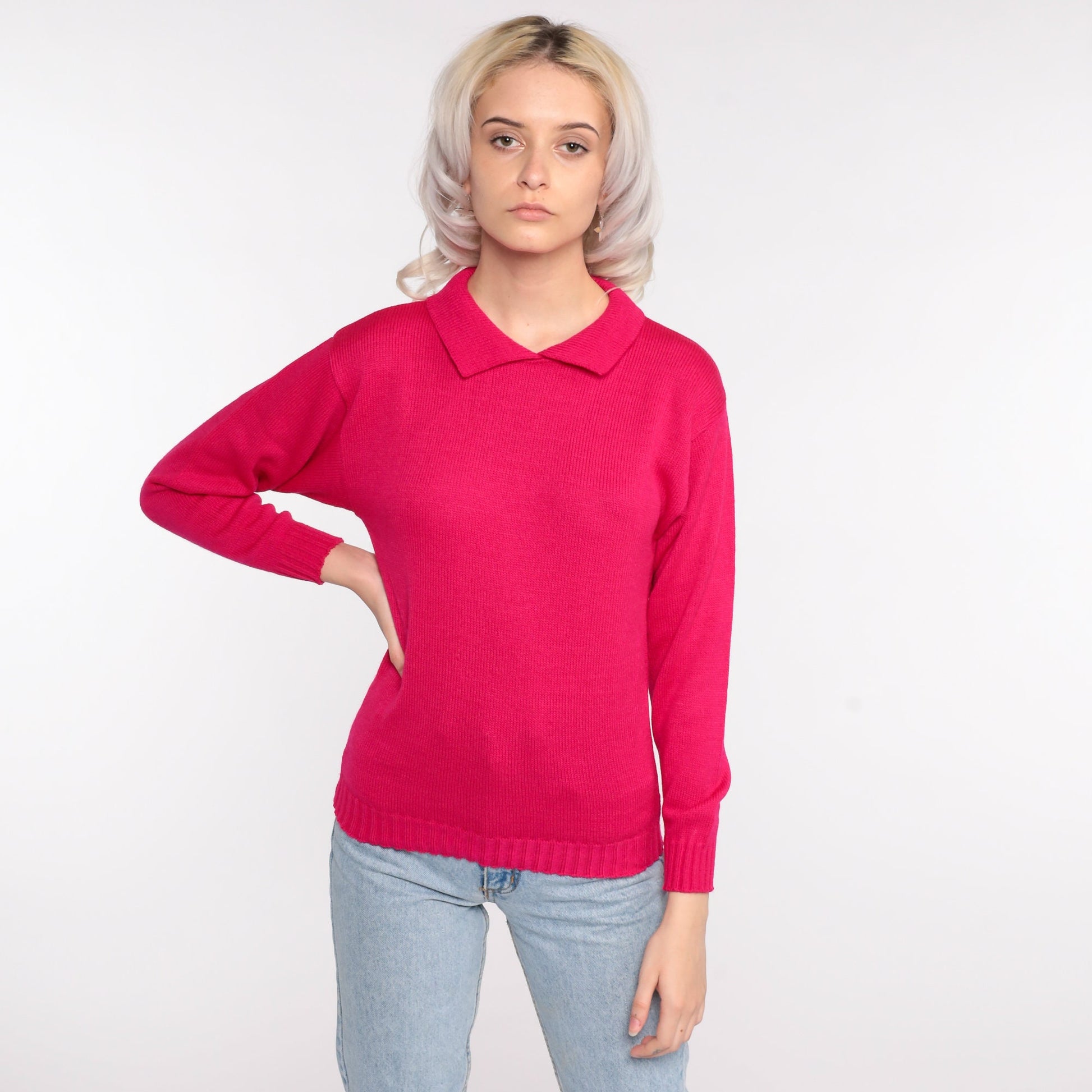 80s Deep Pink Collared Knit Sweater Pullover Extra Small XS