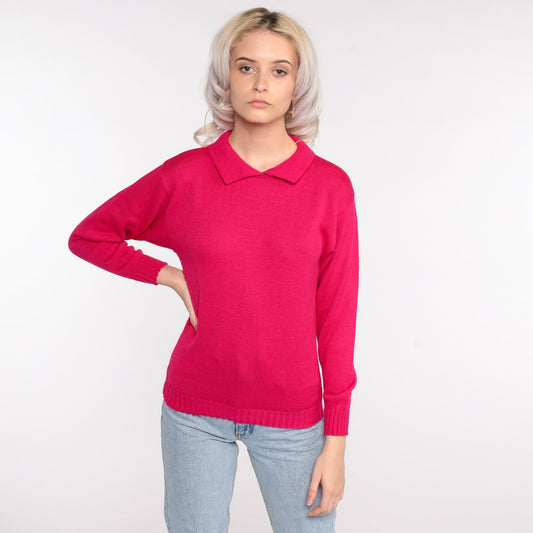 80s Deep Pink Collared Knit Sweater Pullover Extra Small XS