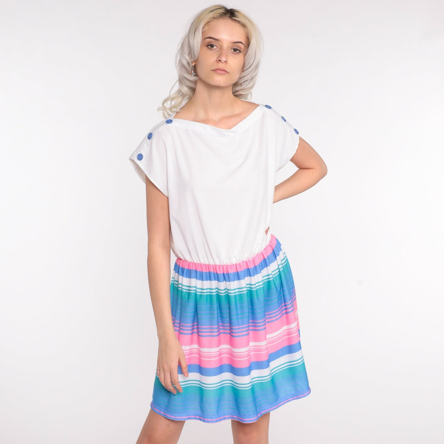 80s White Striped Mini Dress Cap Sleeve High Waist Pink Blue Large