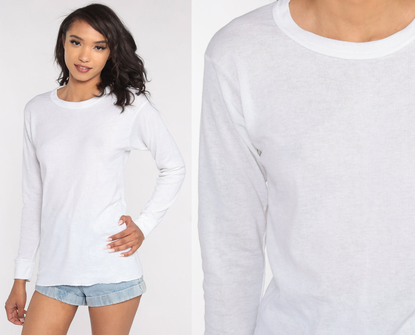 80s Plain White Long Sleeve T-Shirt Vintage Tee Small Medium
