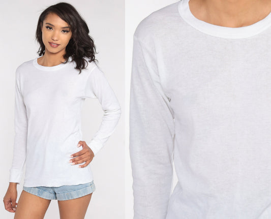 80s Plain White Long Sleeve T-Shirt Vintage Tee Small Medium