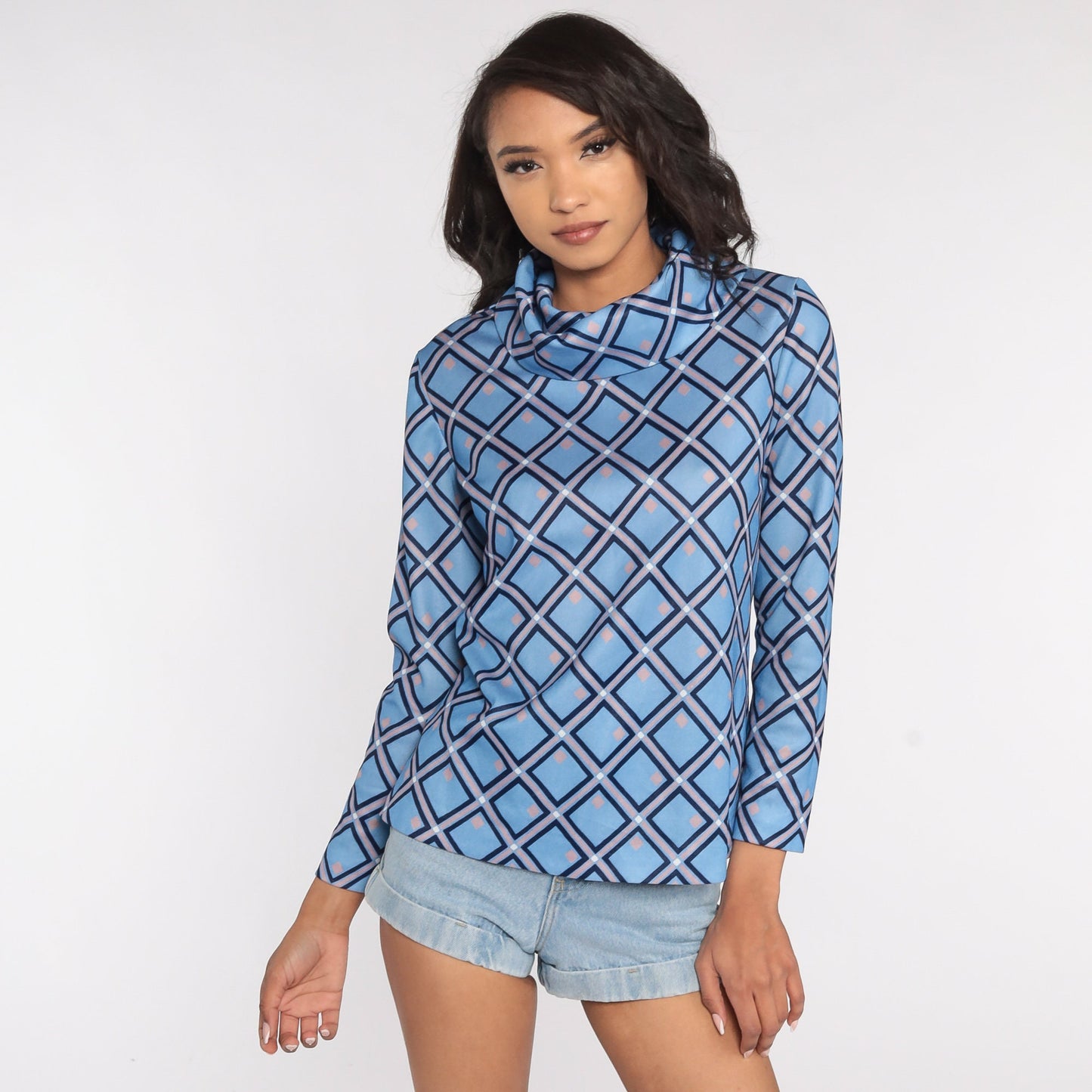 70s Blue Geometric Turtleneck Shirt Long Sleeve Top Medium
