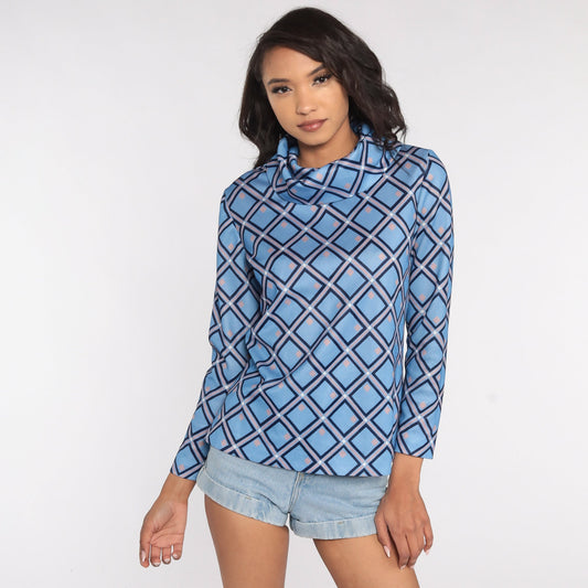 70s Blue Geometric Turtleneck Shirt Long Sleeve Top Medium