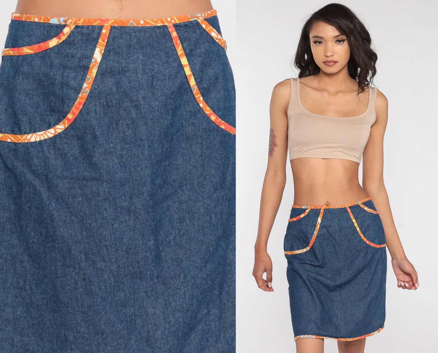 90s Denim Mini Skirt Floral Trim High Waisted Jean Skirt Medium