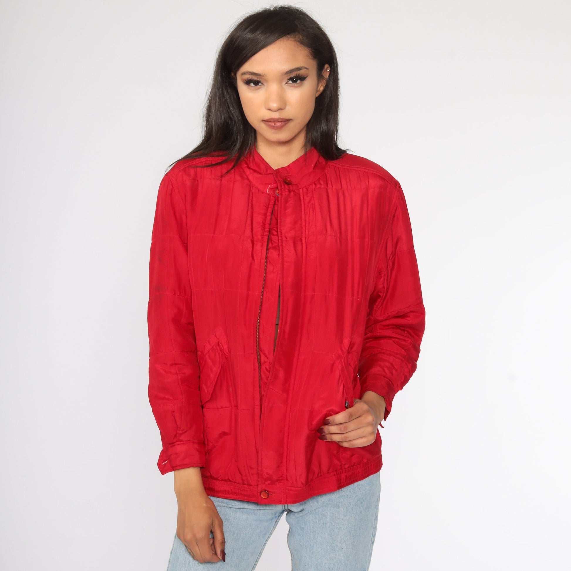 80s Red Silk Windbreaker Jacket Front Zip Petite Small
