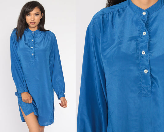 80s Blue Button-Up Shift Dress Long Sleeve Mini Shirtdress Medium Large