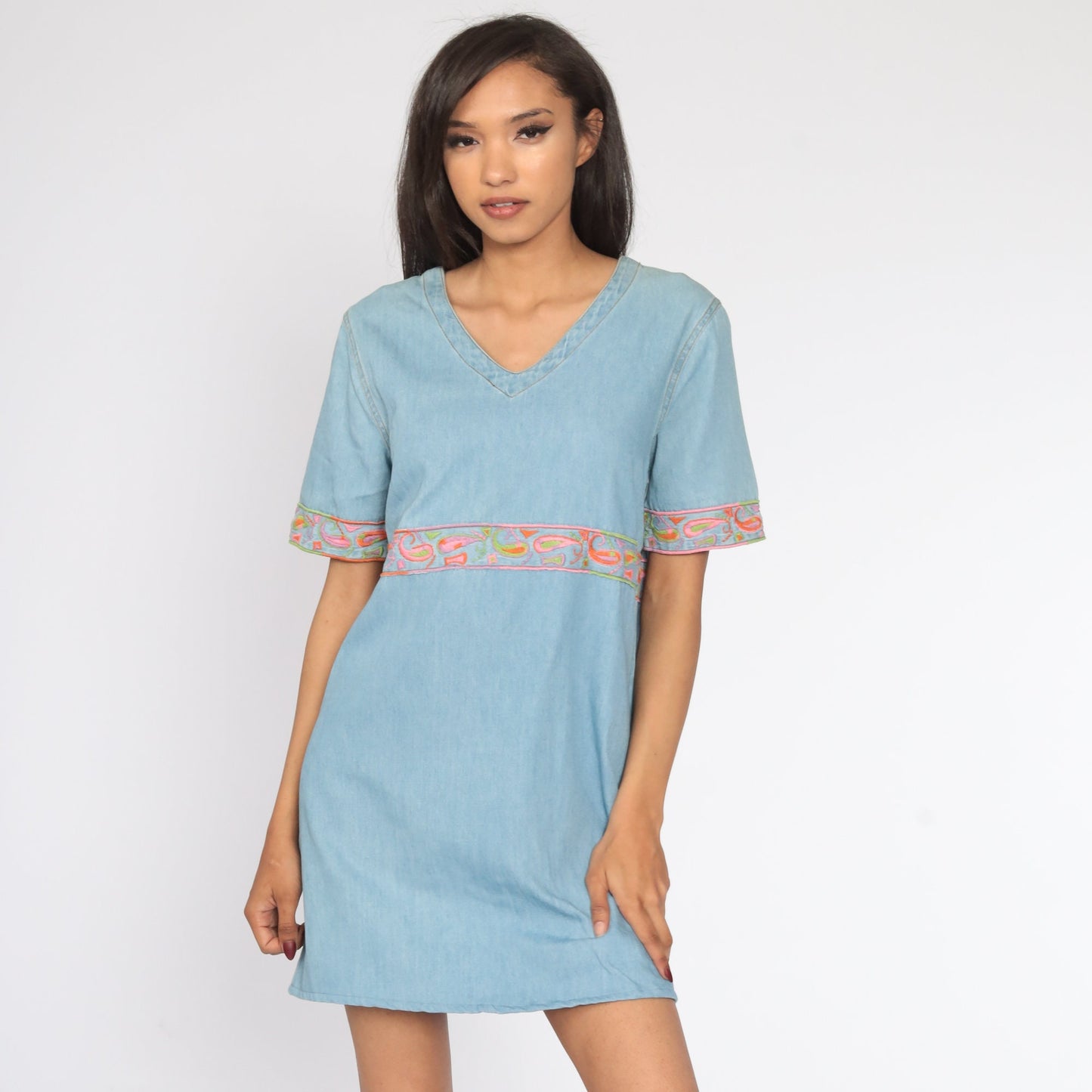 90s Embroidered Paisley Denim Mini Dress Blue Cotton Shift Medium