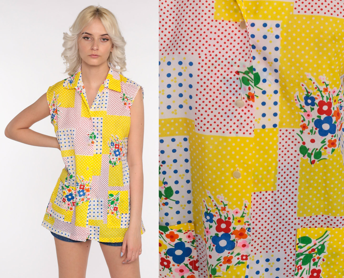 70s Floral Patchwork Button-Up Blouse White Sleeveless Collared Medium Large