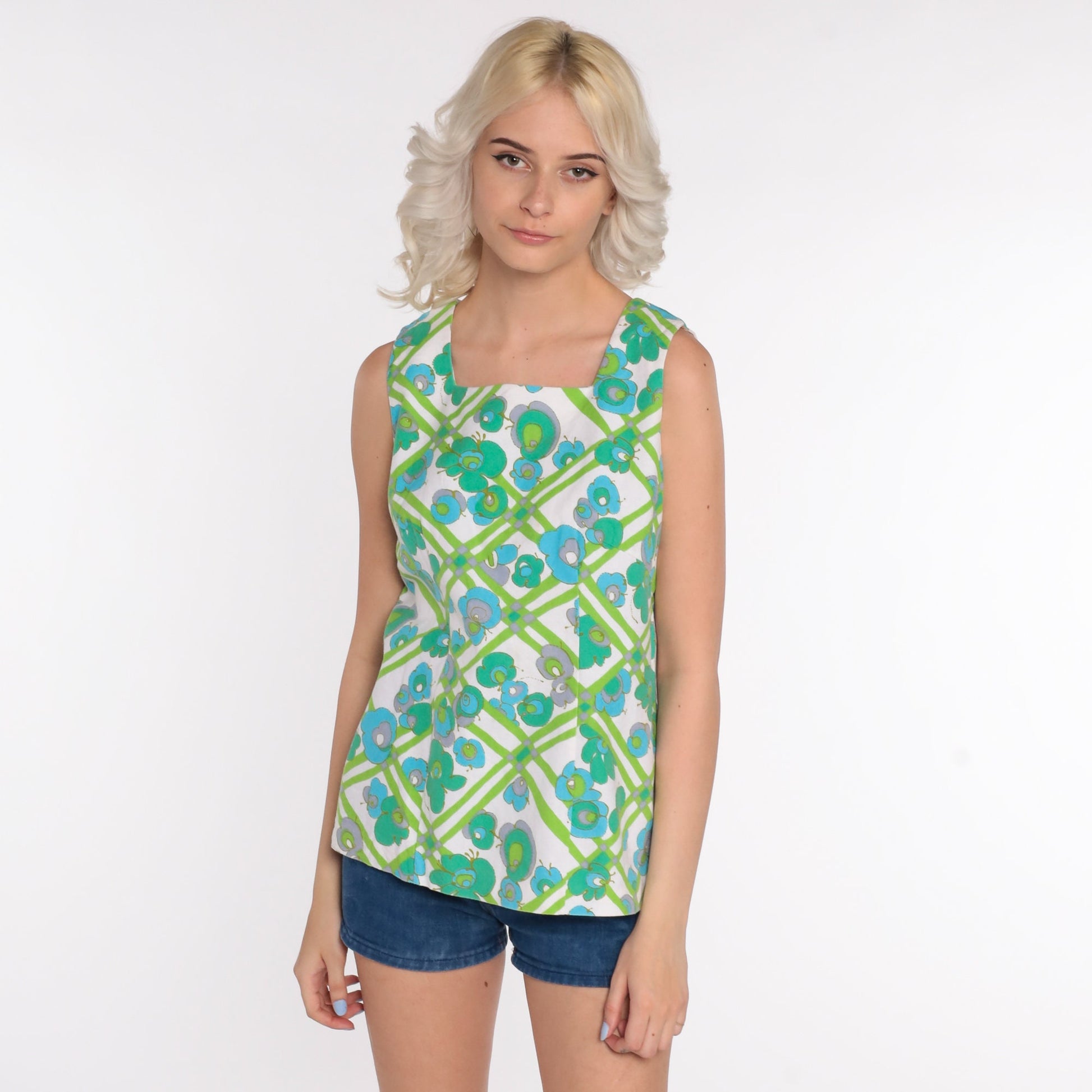 70s Psychedelic Floral Tank Top Blue Green Sleeveless Blouse Small