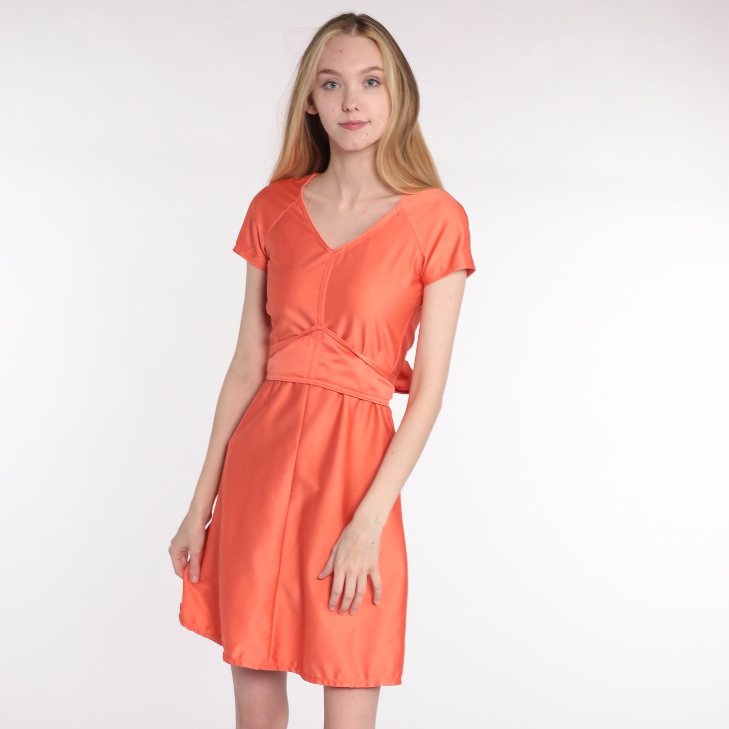 70s Orange Babydoll Mini Dress Empire Waist Deep V Neck Extra Small