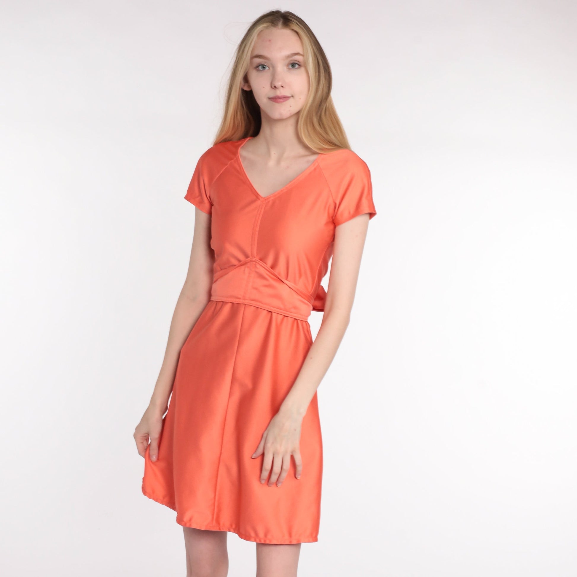 70s Orange Babydoll Mini Dress Empire Waist Deep V Neck Extra Small